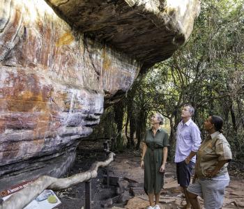 image of three people including Aboriginal guide looking at rock art