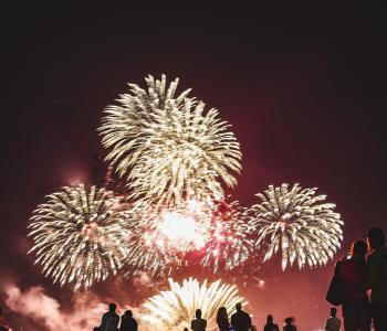 A crowd of silhouetted beachgoers watch a night-time fireworks display during Territory Day